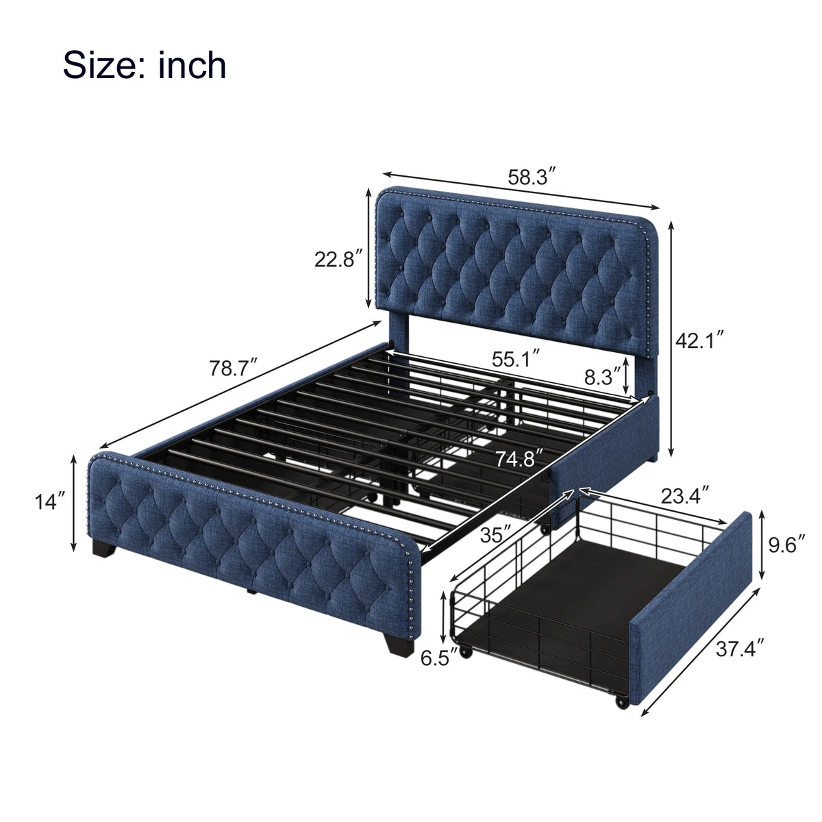 Blue Full Platform Bed Frame with Four Drawers A507597