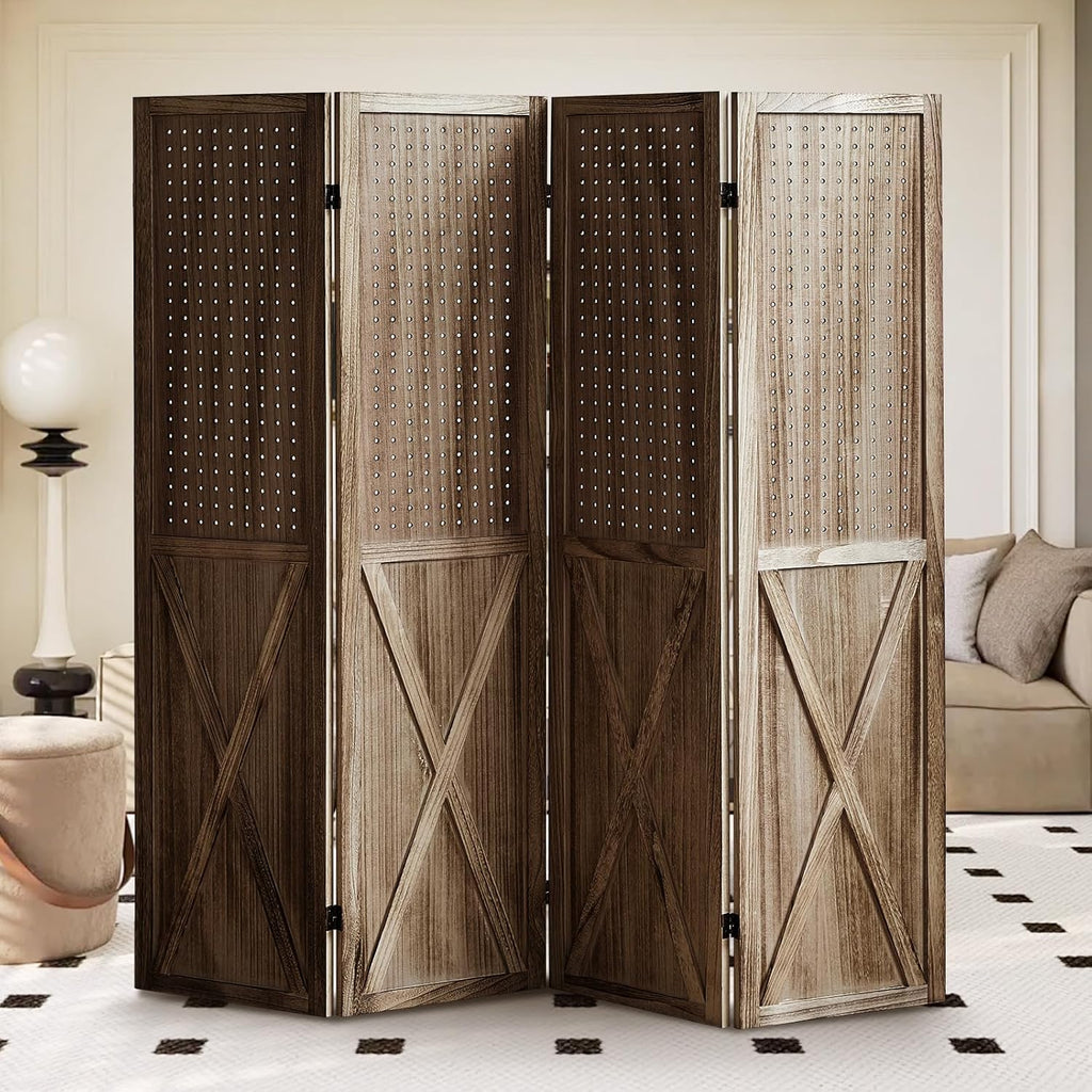 Brown 4 Panel Folding Pegboard Room Divider M195935