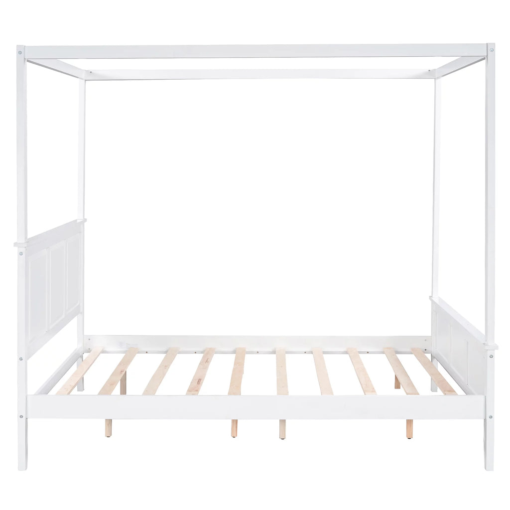 White Wood Queen Size Canopy Platform Bed S517