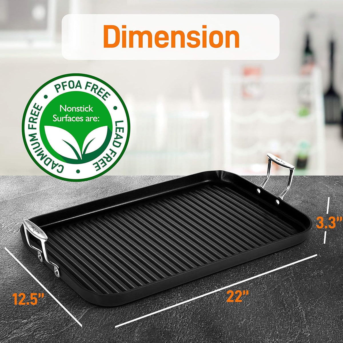 20"x13" Double Burner Hard-Anodized Non Stick Grill & Griddle Pan P176