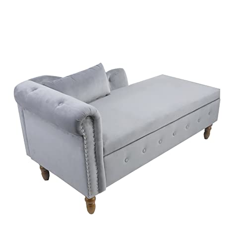 Gray Velvet Upholstered Lounge Chair with Storage and Pillow K176