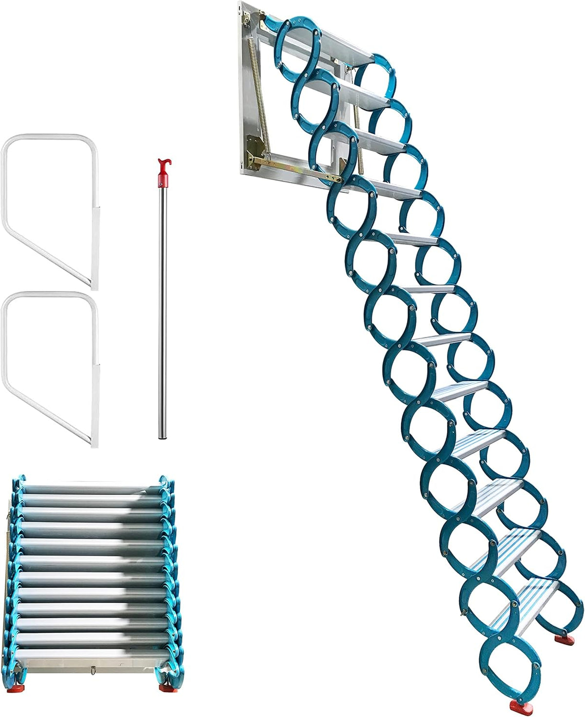 Blue 9.8ft Al-Mg Alloy Folding Attic Ladder with Armrests H47354