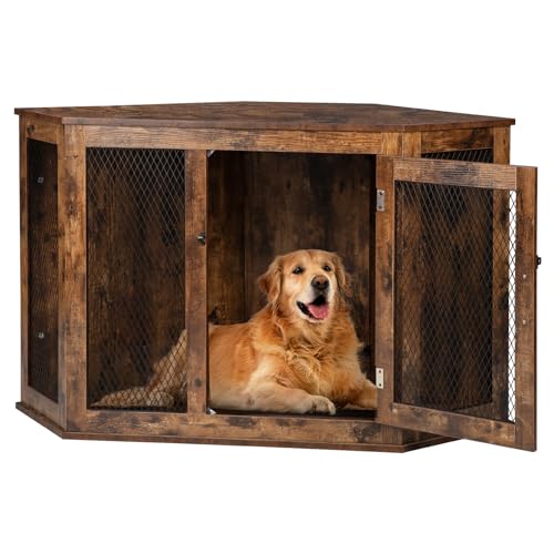 Corner Dog Crate Furniture, 44/52inch Wooden Dog Kennel with Metal Mesh G1738