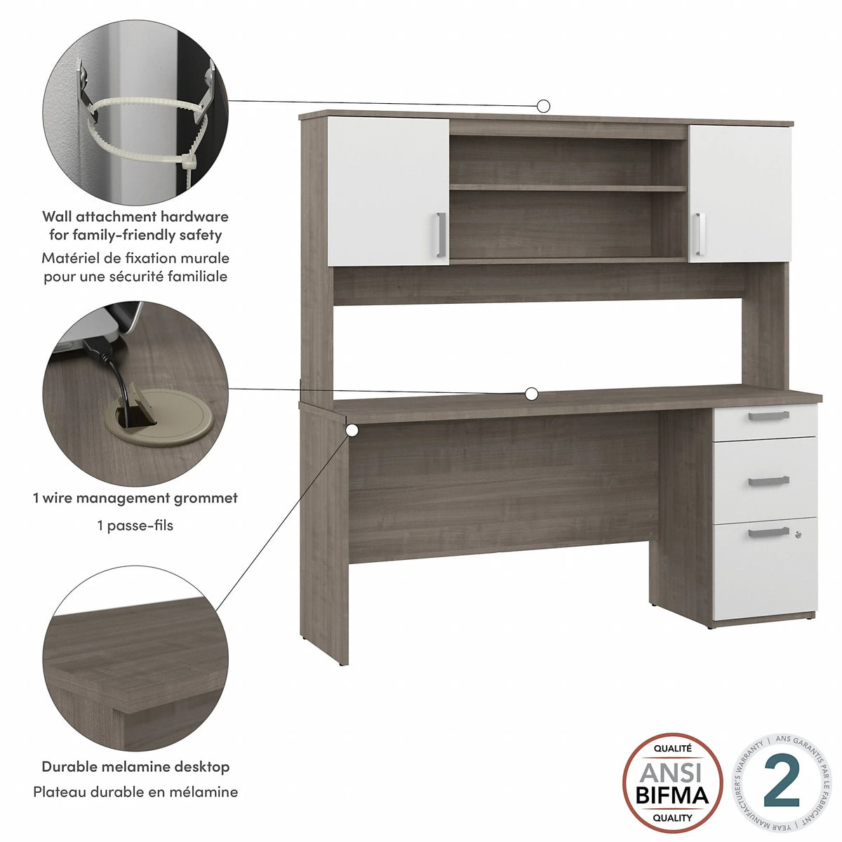 Silver Maple White Engineered Wood Computer Desk with Hutch B1156
