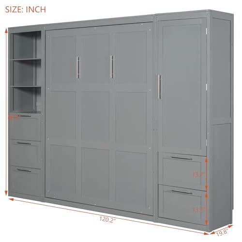 Grey Queen Size Wood Murphy Bed with Shelves and Drawers N519796