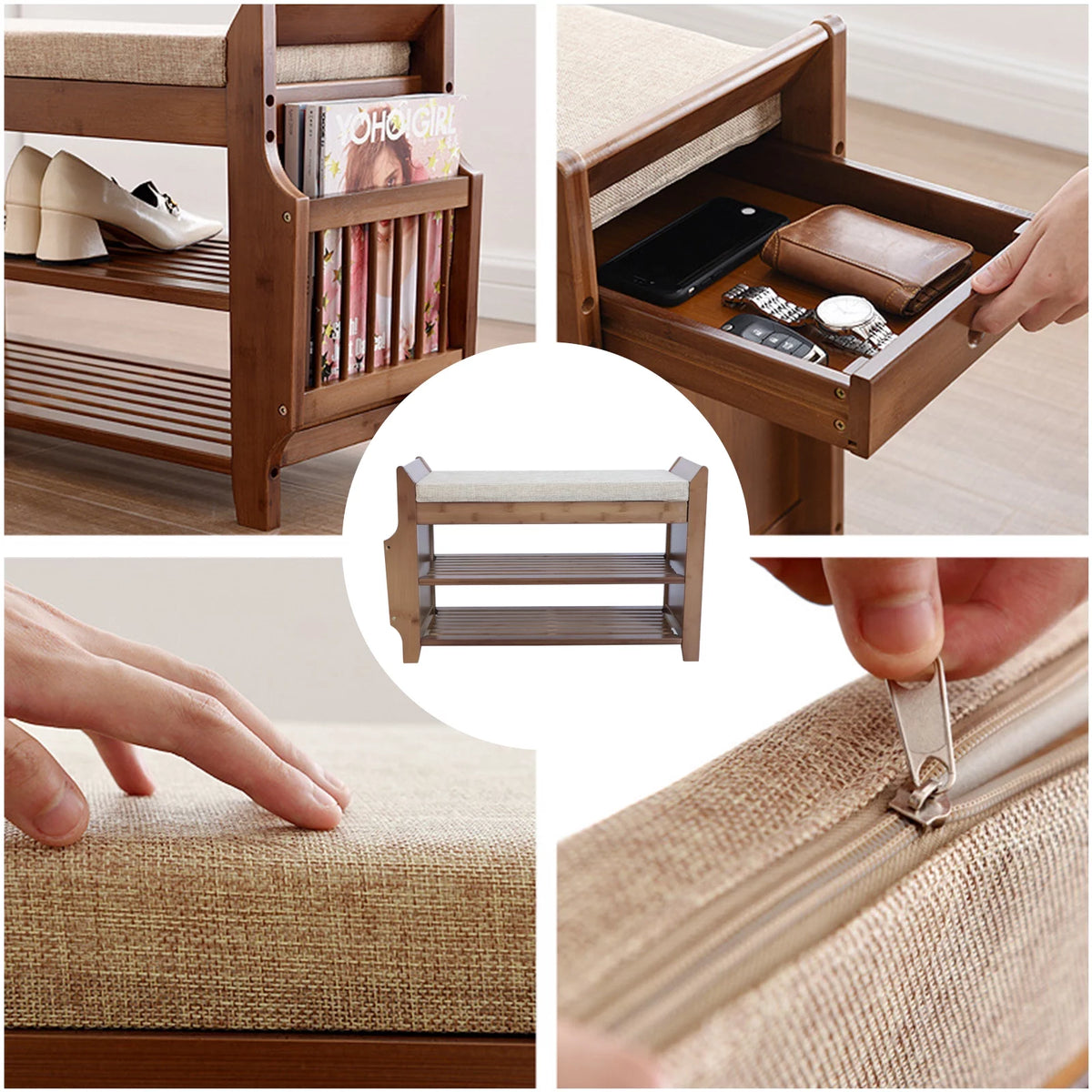 2 Tier Bamboo Shoe Rack Bench with Soft Seat Q3667