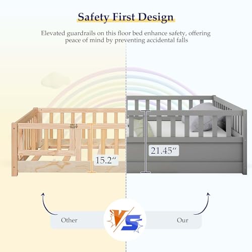 Full-White Wood Kids Floor Bed with Safety Guardrails I23244