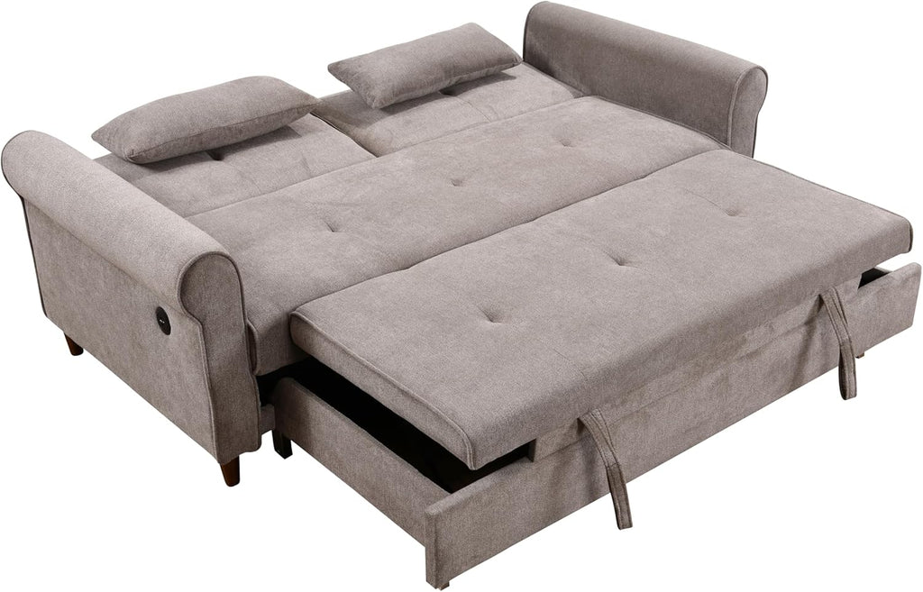 Brown Fabric Convertible Sleeper Sofa Bed with Pullout Bed and 2 Pillows X960