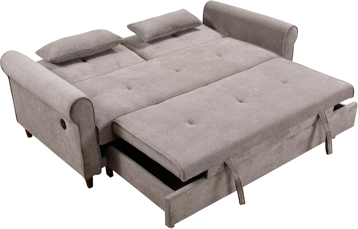 Brown Fabric Convertible Sleeper Sofa Bed with Pullout Bed and 2 Pillows X960