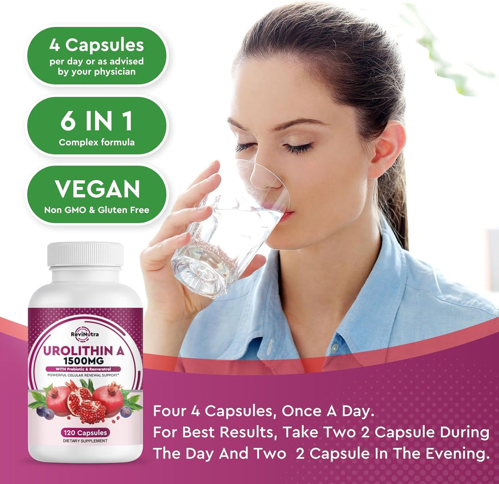 Urolithin A Supplement 1000 mg with Resveratrol, Pomegranate Extract, Green Tea, Vitamin C, E, 120 Capsules U7415