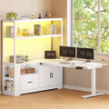 White L Shaped Standing Desk with Drawers & Hutch B6515