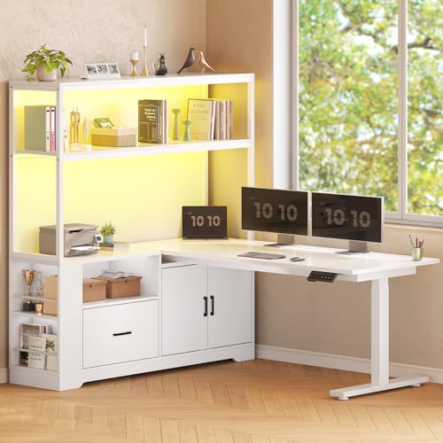 White L Shaped Standing Desk with Drawers & Hutch B6515