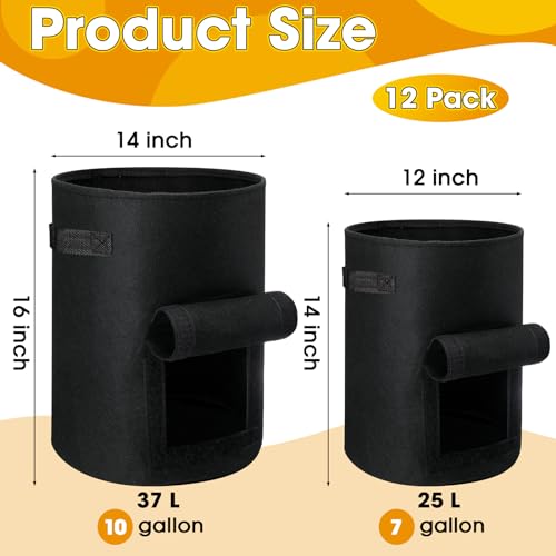 12 Pack 10 Gallon 7 Gallon Black Nonwoven Fabric Potato Grow Bags with Handles and Harvest Window E38094
