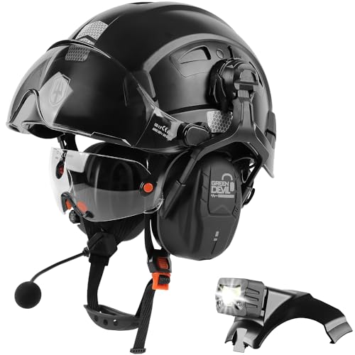 5 in 1 Vented Hard Hat Safety Helmet with Visor Bluetooth Ear Muffs and Headlamp C41716