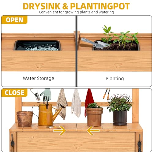 Outdoor Potting Bench Table with Sink & Sliding Top, Wooden Garden Workbench with Storage Shelves V8500