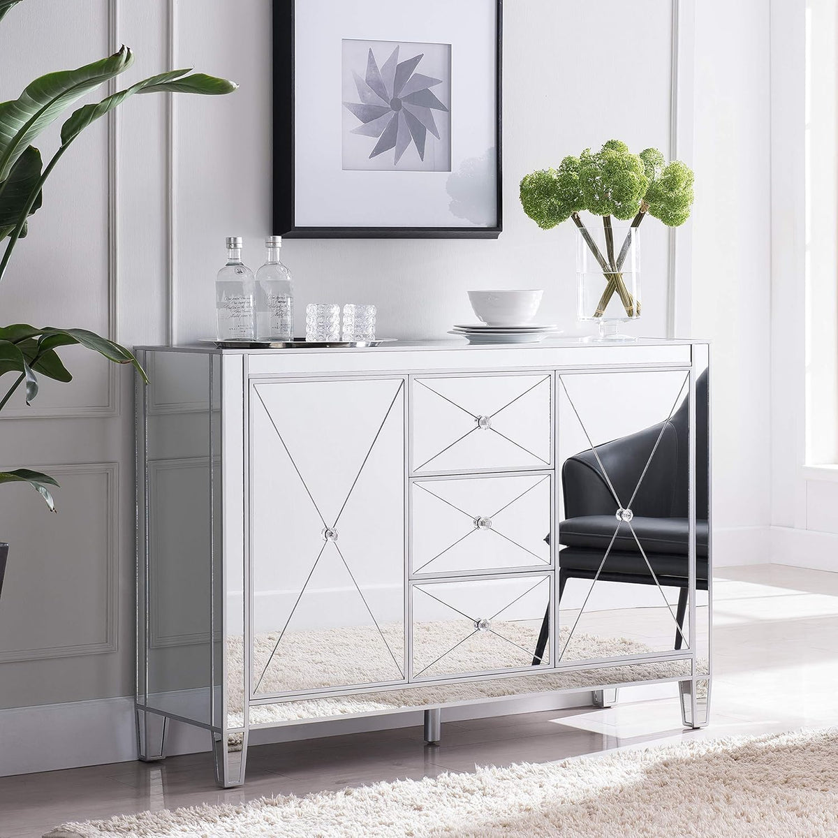 Mirrored 3 Drawers Cabinet with Faux Crystal Knobs and Matte Silver Trim T869