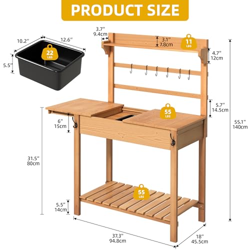 Outdoor Potting Bench Table with Sink & Sliding Top, Wooden Garden Workbench with Storage Shelves V8500