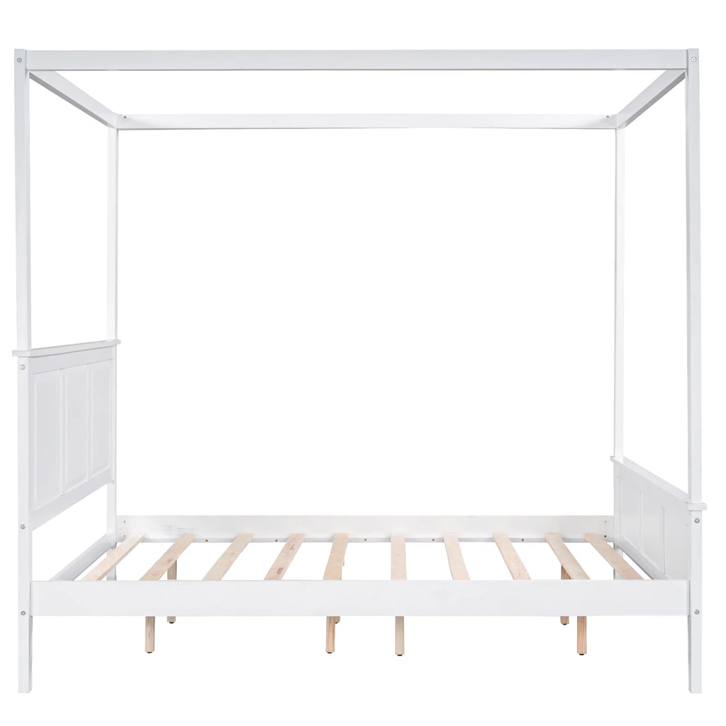 White Wood Queen Size Canopy Platform Bed S517