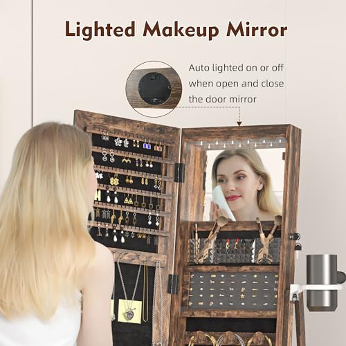 White Jewelry Armoire with LED Light and Full-Length Mirror U629