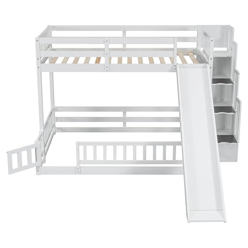 White Twin Over Full Bunk Bed with Slide and Storage Staircase I2752