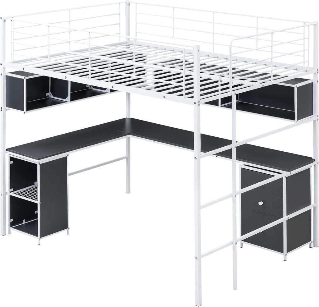White Full Metal Loft Bed with Bookcase Desk Cabinet P31919