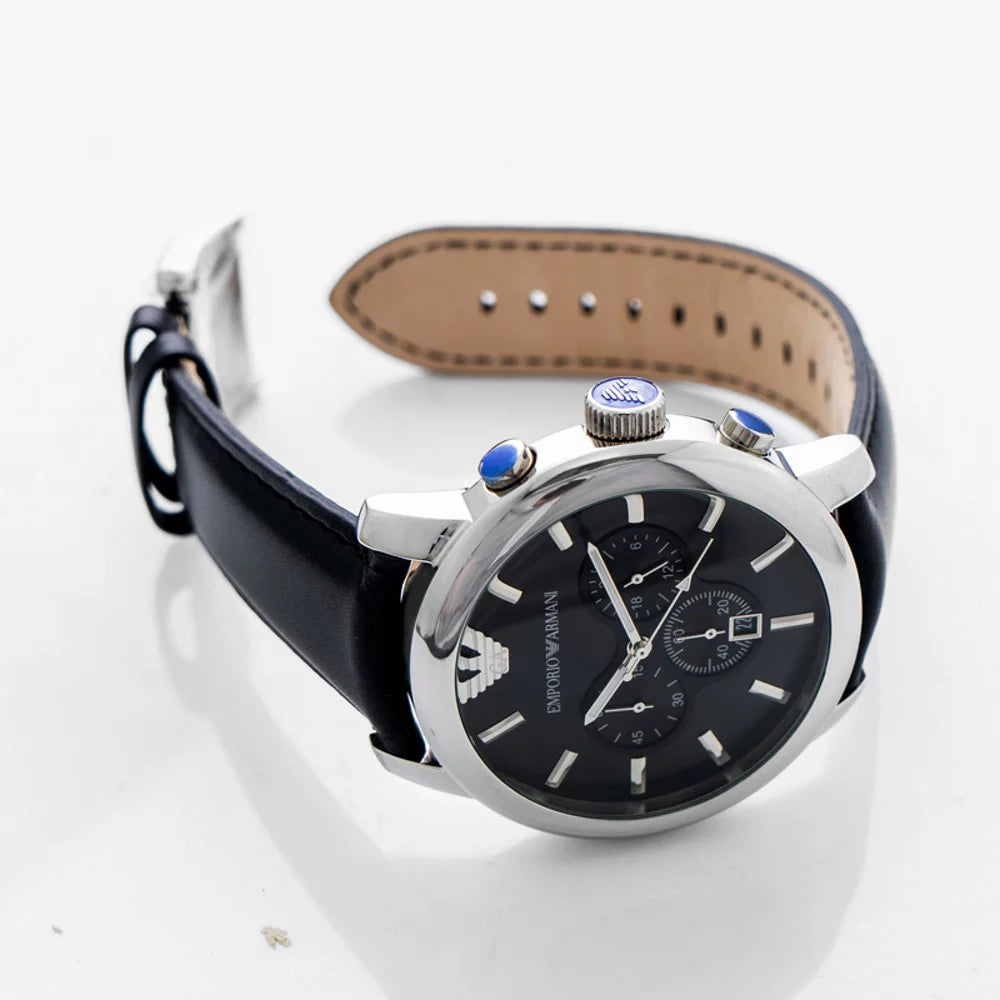 Stainless Steel Chronograph Watch with Black Leather Strap Y37677