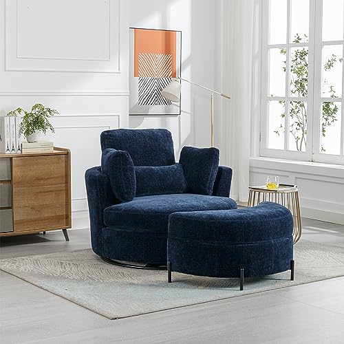 Beige Chenille Upholstered Swivel Accent Barrel Chair with Storage Bench and Ottoman F415