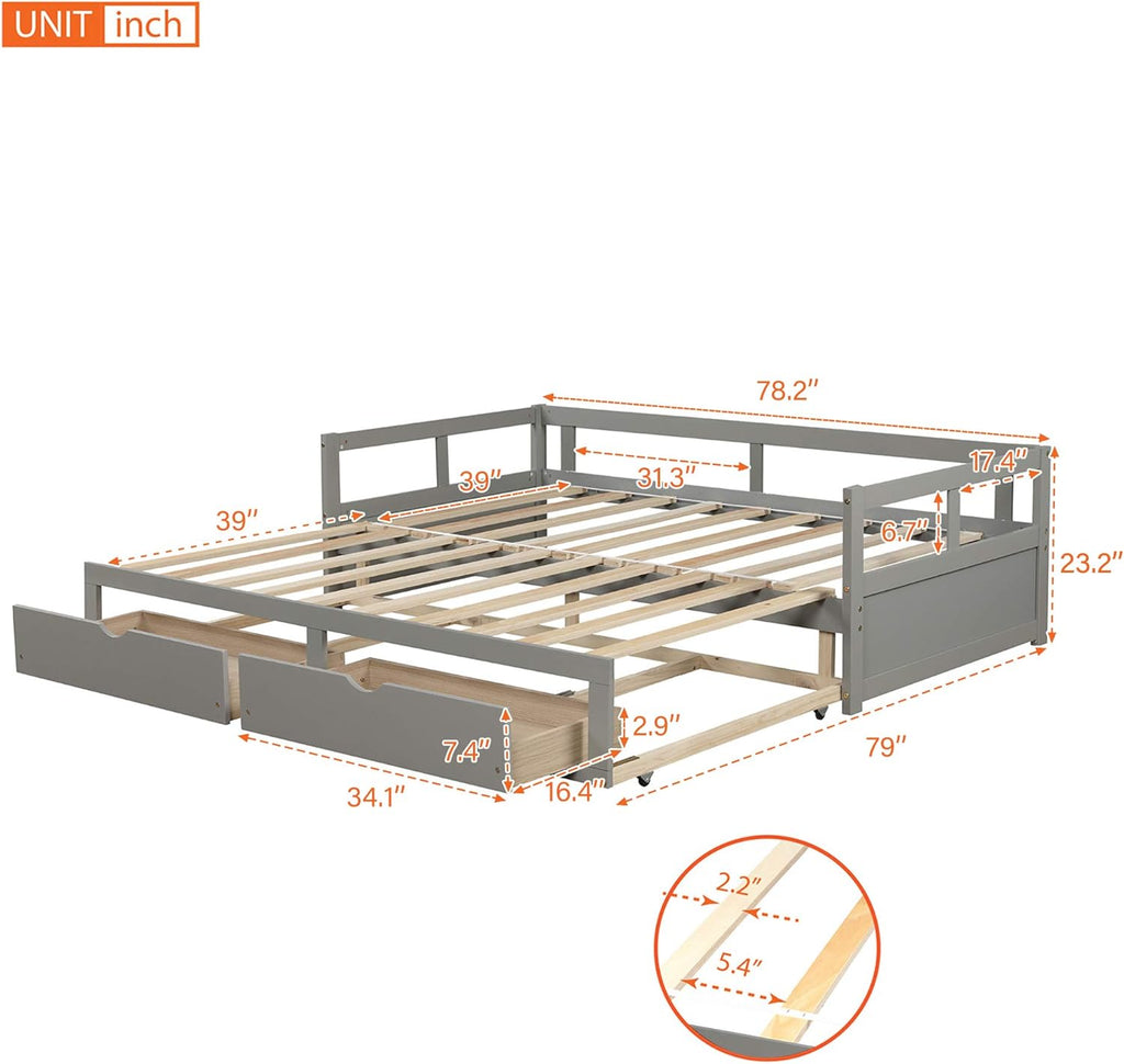 Grey Wooden Daybed with Trundle Bed and Two Storage Drawers S78073