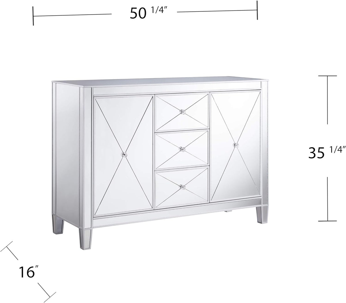 Mirrored 3 Drawers Cabinet with Faux Crystal Knobs and Matte Silver Trim T869