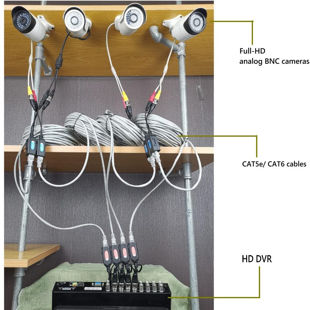 4 Pair Passive Video Balun BNC to RJ45 Adapter with Power 1080P-8MP Analog Camera Network Transceiver Cat5e/Cat6 to BNC Connector D182183