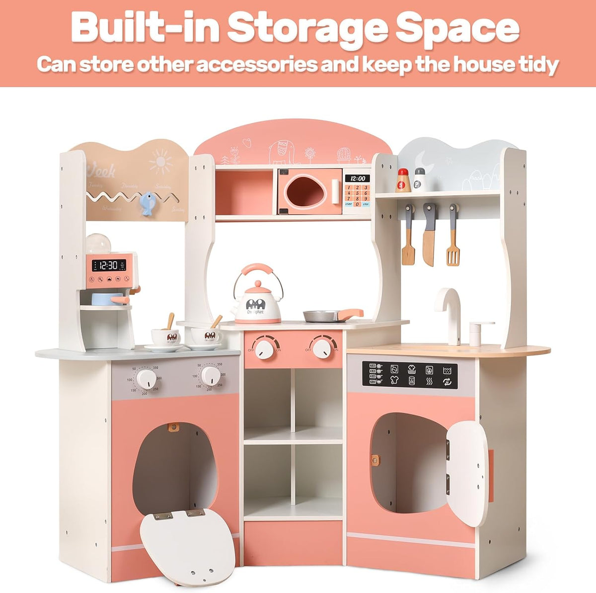 Wooden Play Kitchen with Cookware Accessories and Play Sink F93805