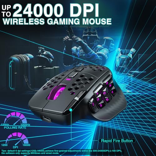 Black Wireless MMO Gaming Mouse with 9 Side Buttons, 24000 DPI, Triple Connectivity, RGB A647