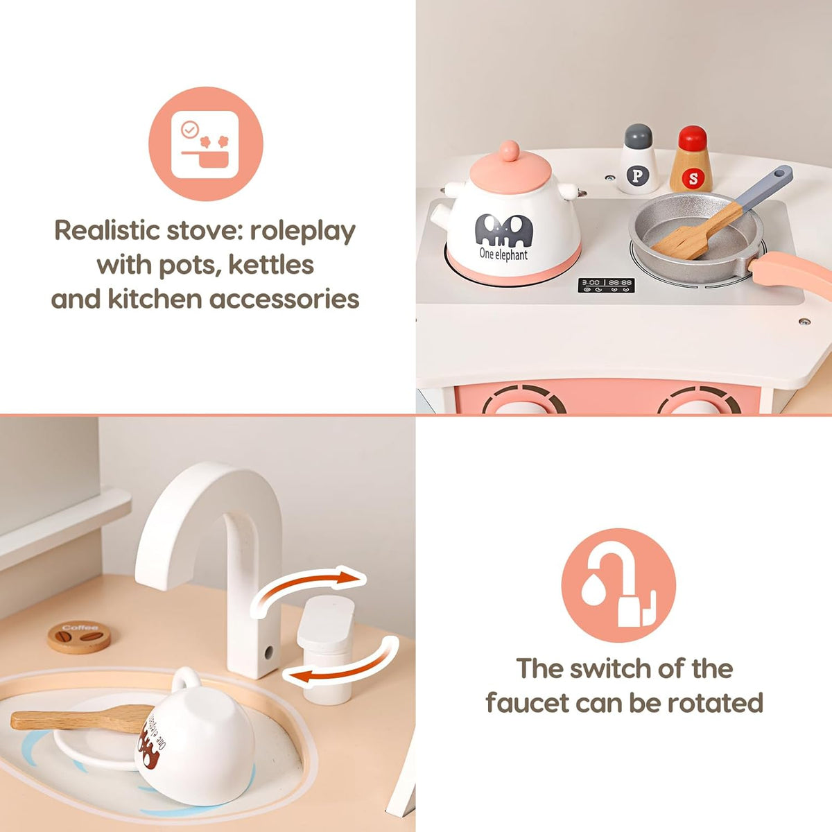 Wooden Play Kitchen with Cookware Accessories and Play Sink F93805