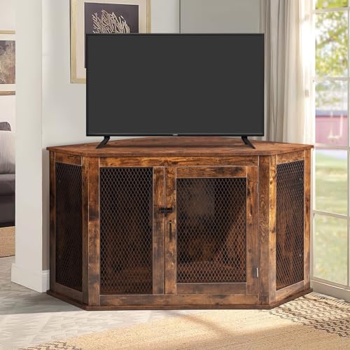 Corner Dog Crate Furniture, 44/52inch Wooden Dog Kennel with Metal Mesh G1738