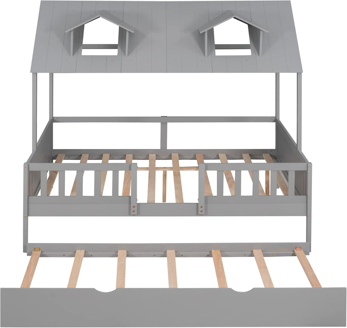 Grey Double Bed Wood Frame with Safety Bar T7862