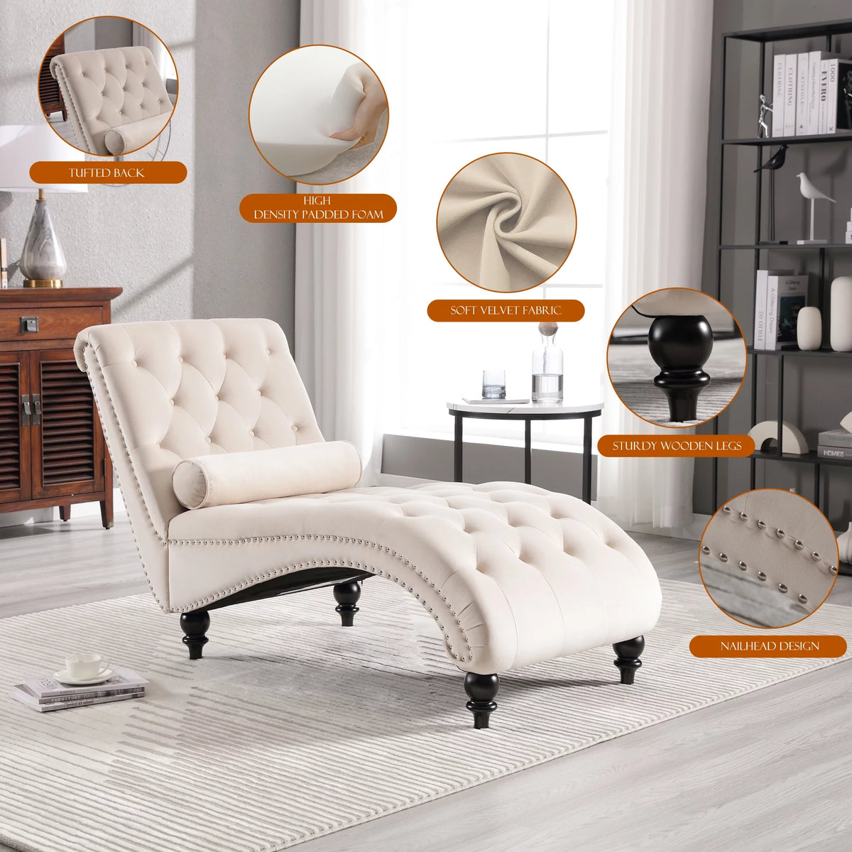 Beige Velvet Tufted Chaise Lounge with Wood Legs H713