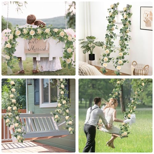 2Pcs Artificial Eucalyptus Flower Garland with White Rose Flowers F278
