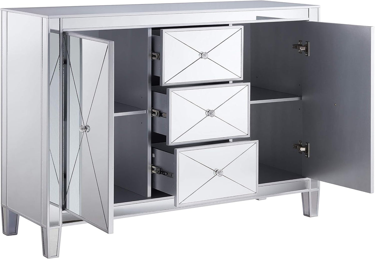 Mirrored 3 Drawers Cabinet with Faux Crystal Knobs and Matte Silver Trim T869
