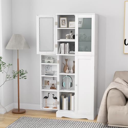 White Tall Kitchen Pantry Storage Cabinet with Glass Doors V575852