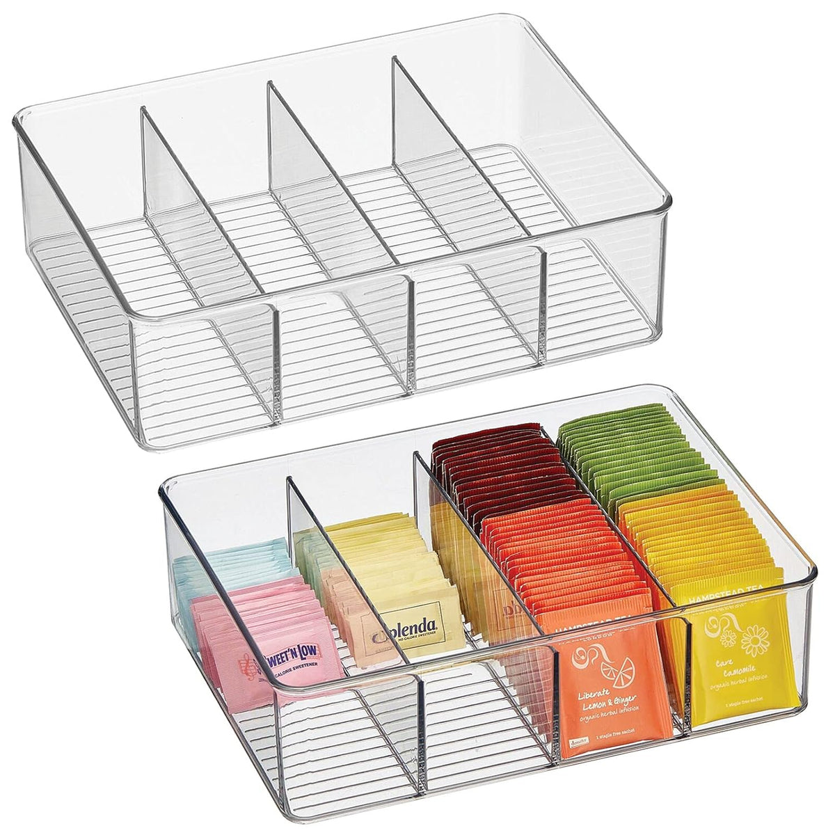 Plastic Stackable Tea Bag Storage Organizer Bin with 4 Divided Compartments, 2 Pack - Clear J6788