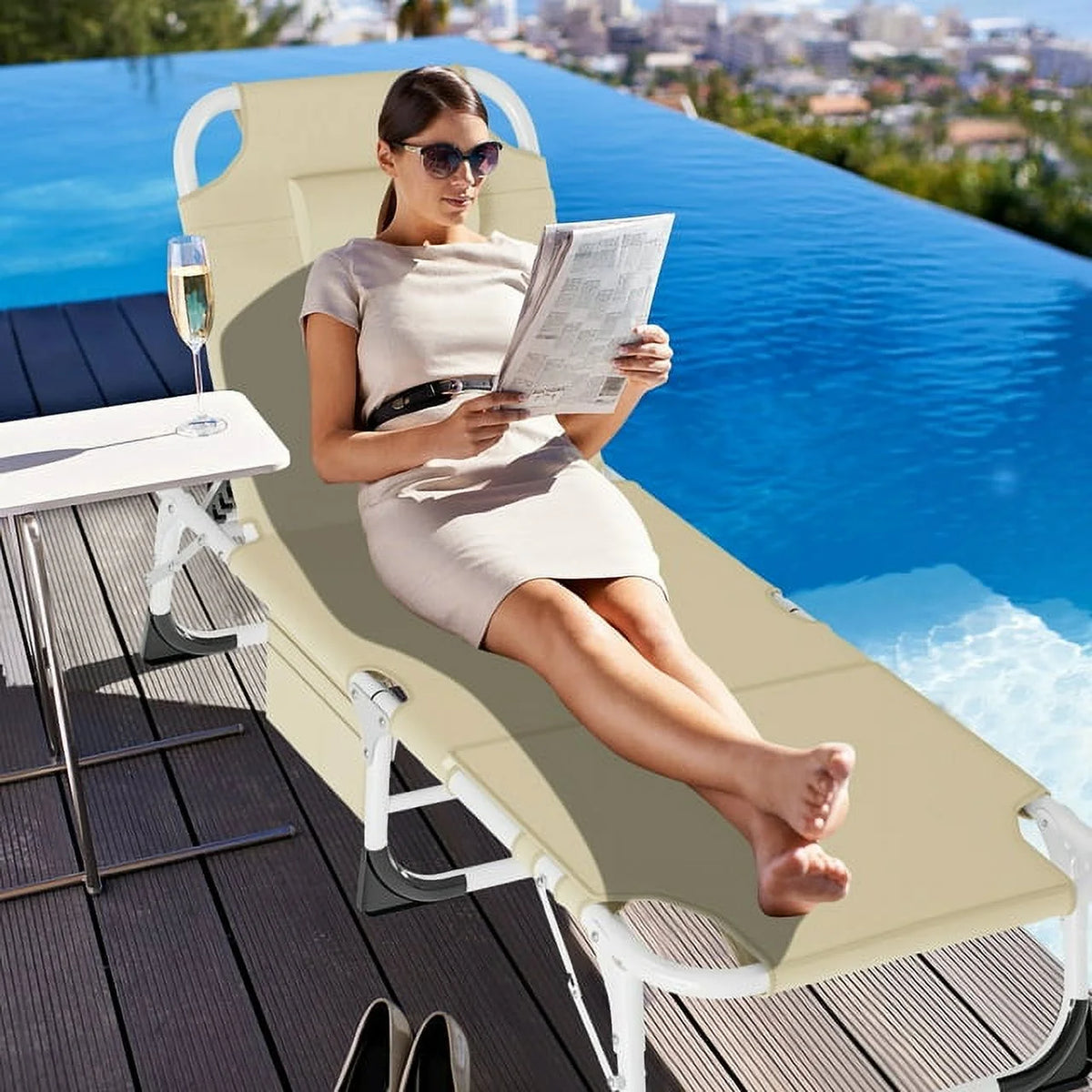 Heavy Duty Tanning Chair with Face & Arm Holes Adjustable 5-Position Folding Chaise Lounge Chair K980901