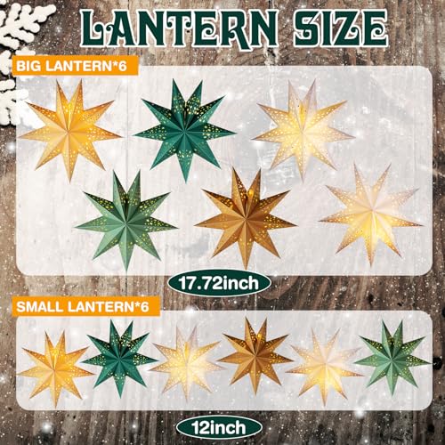 12 Pcs Sage Green 3D Star Lantern with String Light E2954