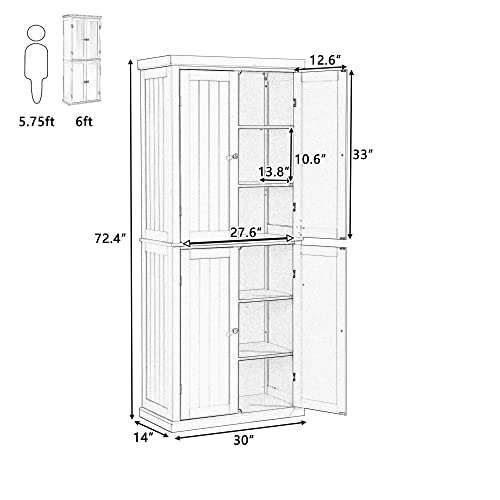 White 72.4-inch Tall Storage Cabinet with 4 Doors and Adjustable Shelves P582