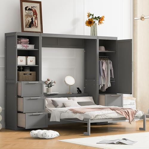 Grey Queen Size Wood Murphy Bed with Shelves and Drawers N519796