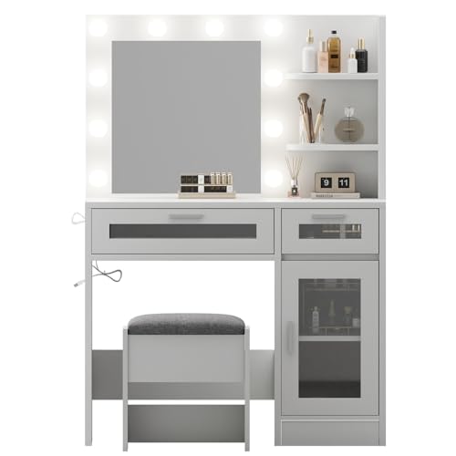 White Vanity Desk with Mirror and Drawer G1102