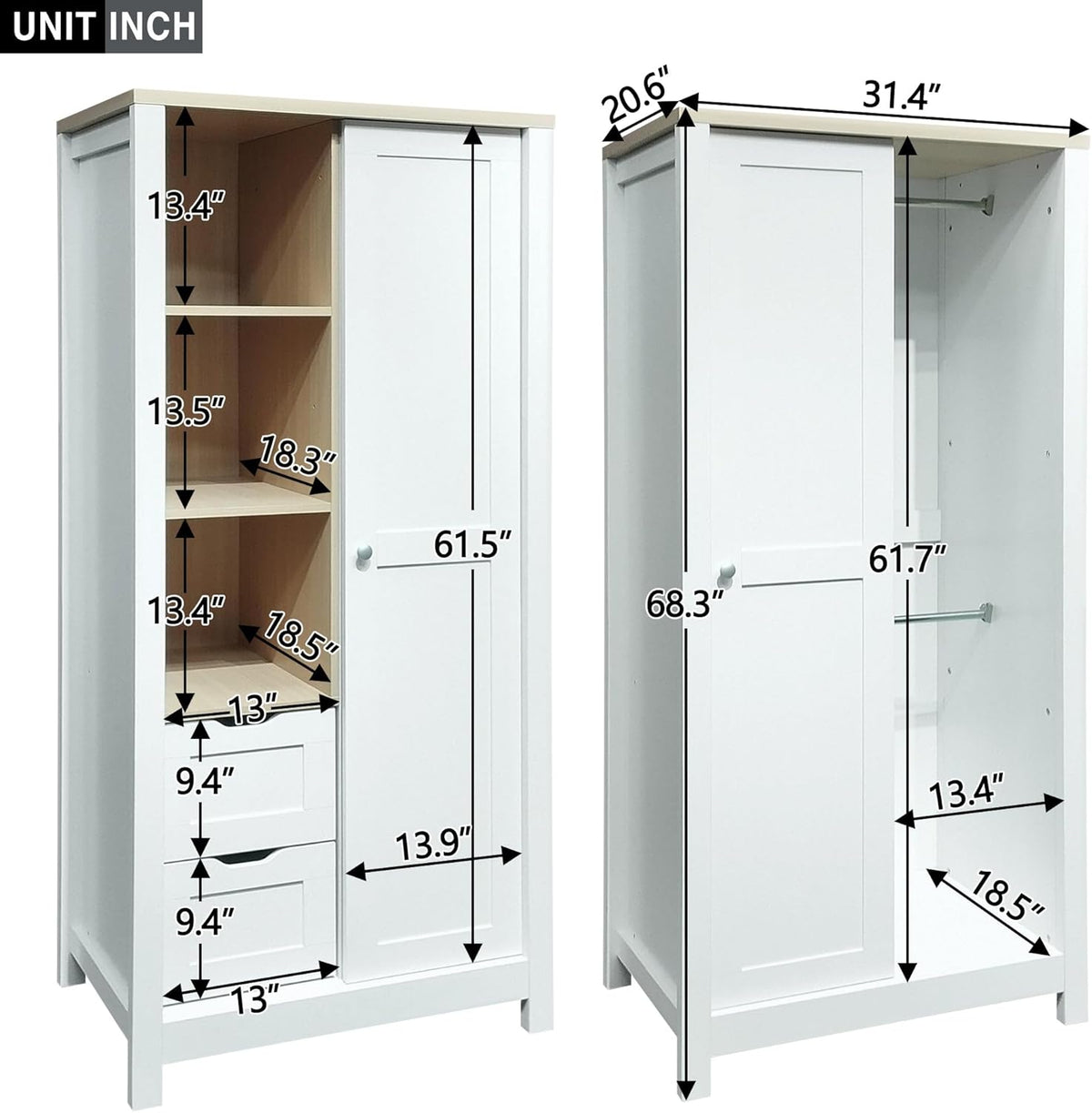 White Freestanding Wooden Armoire Wardrobe with 1 Sliding Door and 2 Drawers R690851