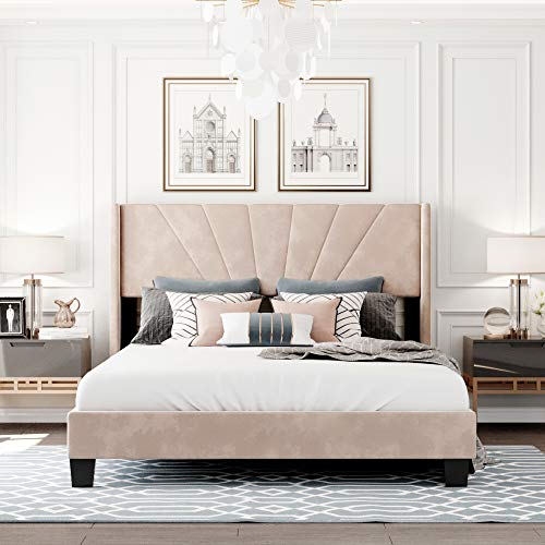 Pink Queen Size Velvet Upholstered Platform Bed with Headboard and Footboard Z60083