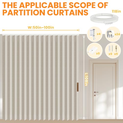 Grey W100 x L84 1 Pack Blackout Accordion Room Divider Curtains with Ceiling Track A666091