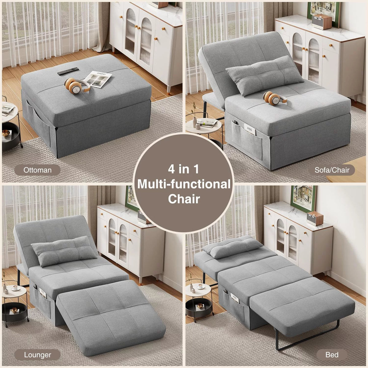Light Grey 4 in 1 Convertible Sofa Bed with Adjustable Backrest B2785