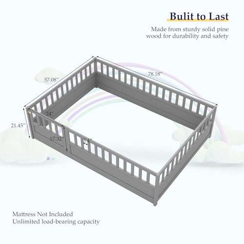 Full-White Wood Kids Floor Bed with Safety Guardrails I23244